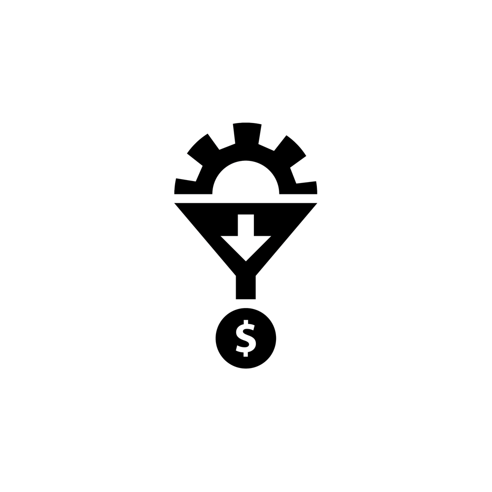 Icon of cog being funneled down to a coin with the dollar sign on it.